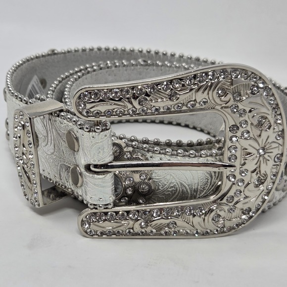 Blazin Roxx Accessories - Blazin Roxx Western Silver Metallic Tooled Bling Belt Large Rhinestones Cowgirl